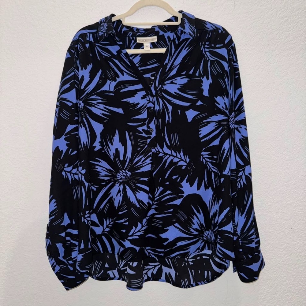 Dana Buchman Women's Sz XL Blouse Bright Blue Black Floral V Neck Long Sleeves